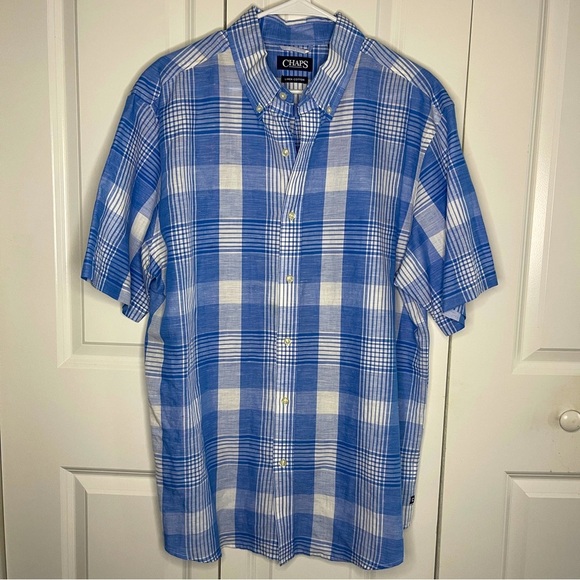 Chaps Linen Blend Blue White Plaid Size XL Men's Short Sleeve Button Up Shirt - Picture 1 of 7